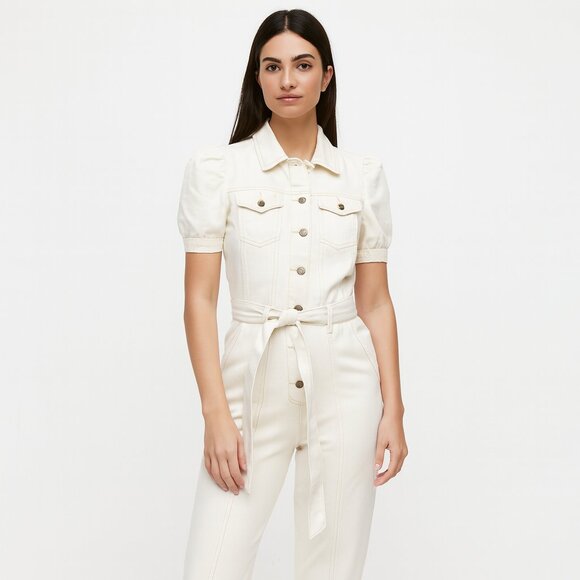 Retrofete Tori Solid White Denim Jumpsuit Jumper Romper Size Medium - Picture 1 of 7